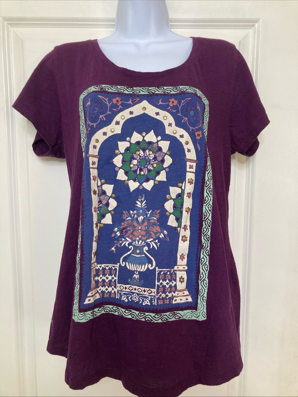Lucky Brand T-Shirt Purple Embellished Persian Rug Print Boho Sz XL